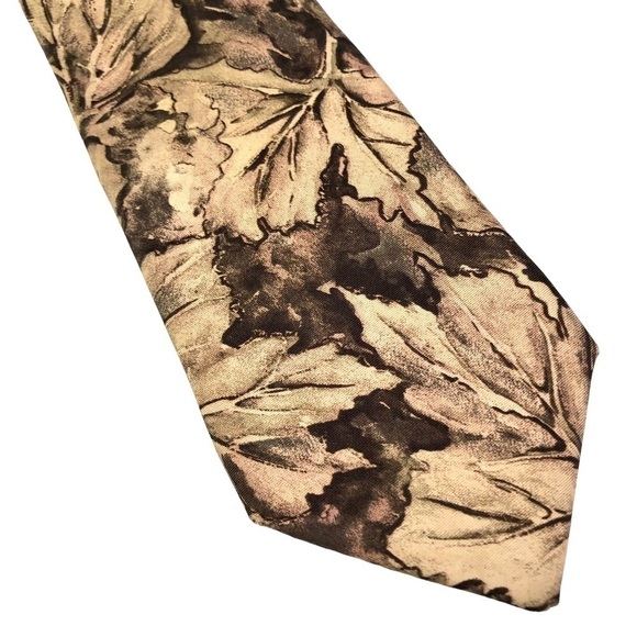 VINTAGE Balmain silk tie necktie leaves tan grey brown - Picture 2 of 3